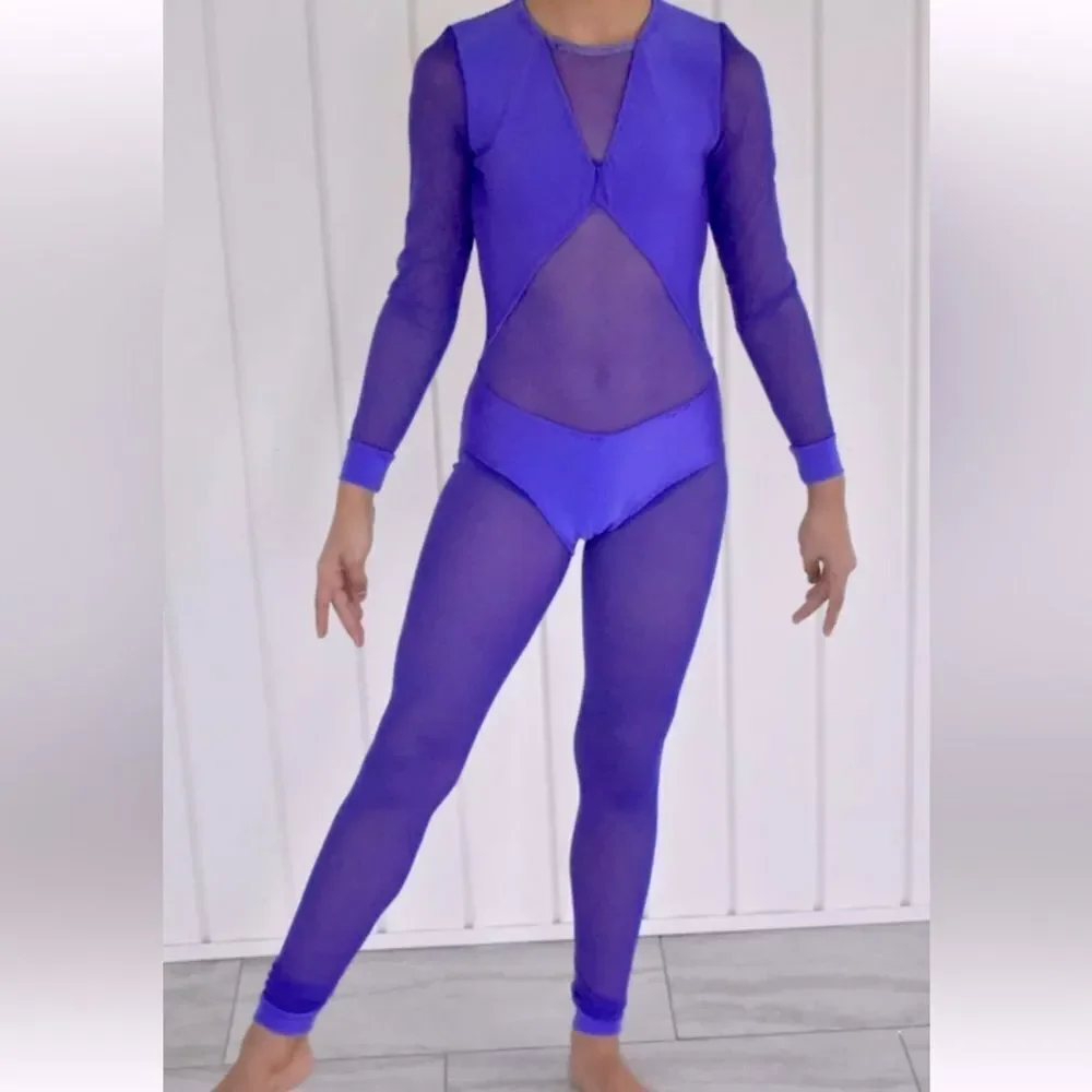 Custom solo dance costume purple unitard jumpsuit mesh  XXS adult LC child